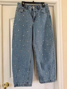 Light Blue Stud-Embellished Boyfriend Jeans